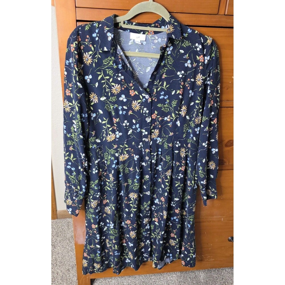 J.Jill Button Shirt Dress Size XS Navy Floral Collared Long Sleeve Classic